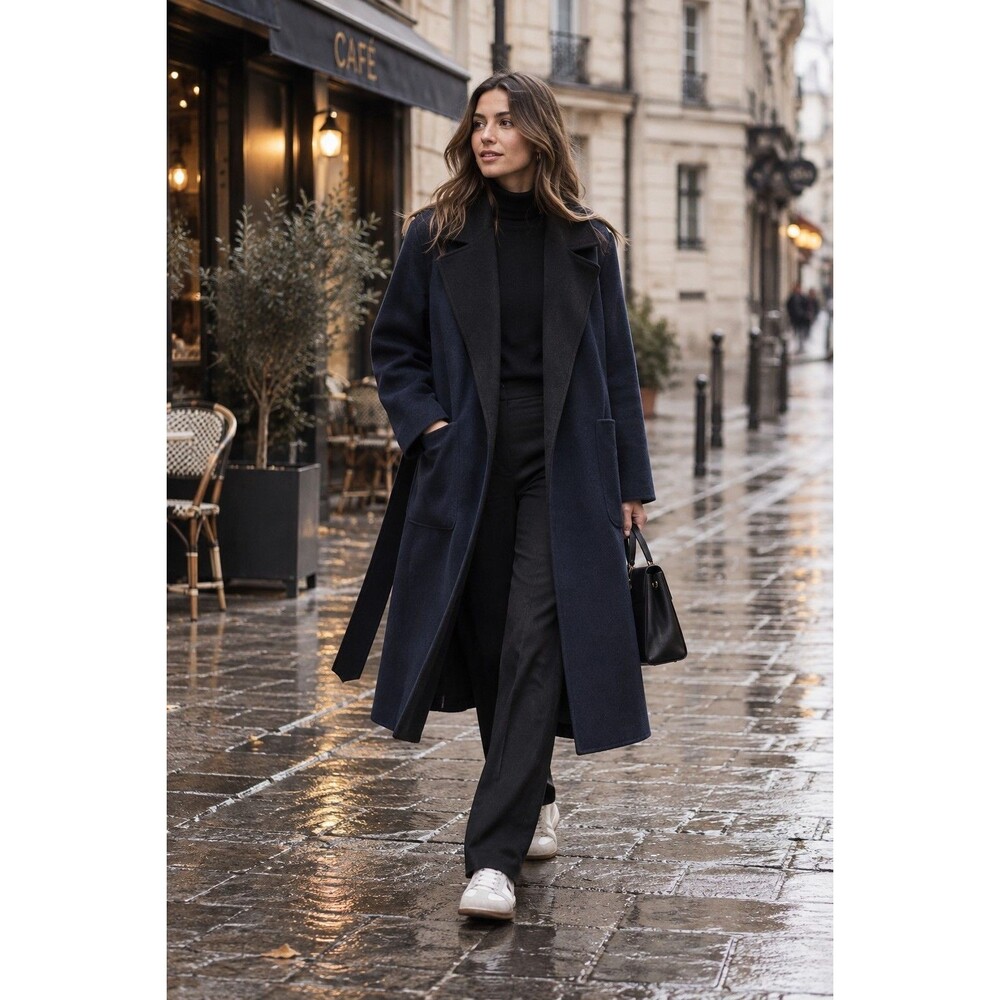 Boden Reversible Wrap Coat Double-Faced Wool Blend Belted Coat Navy Black Sz L